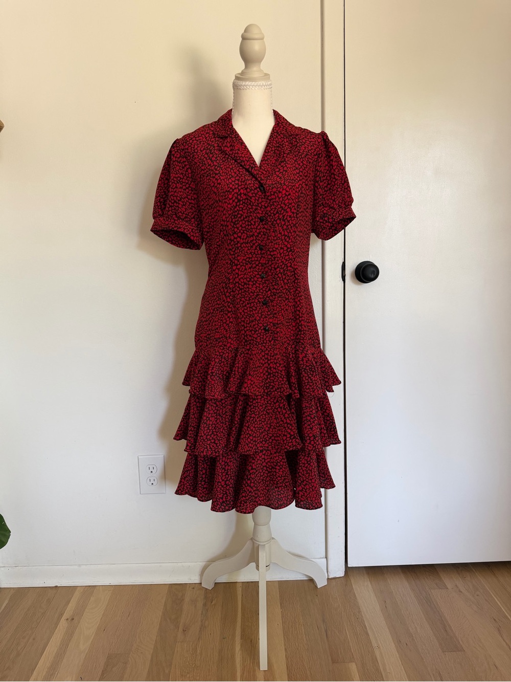 Red leopard vintage 80s print midi dress with ruffle hem and button up front